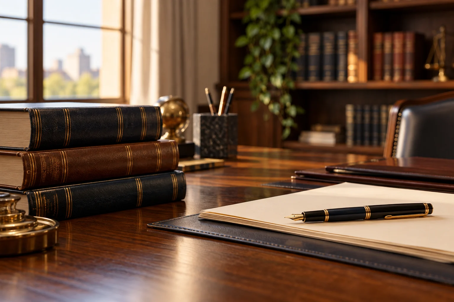 Mesa de escritório com documentos e livros, em ambiente acolhedor